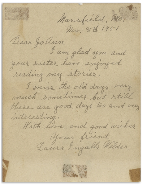 Laura Ingalls Wilder Autograph Letter Signed -- ''...I miss the old days very much sometimes...''